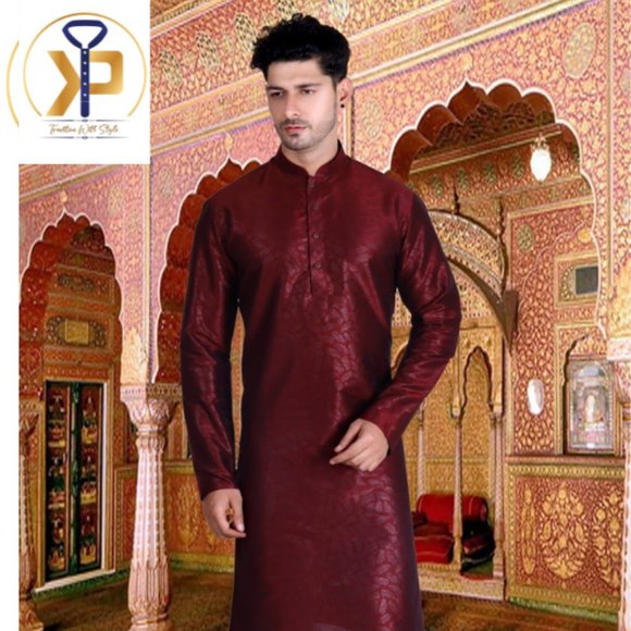 Mahroon Kurta White Pyjama Set - Picture 1 of 1